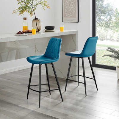 Furniturebox Uk 2X Bar Stool Chair - Pesaro Velvet Upholstered Dining Chair Metal Legs - Dining Kitchen Furniture Blue/Black