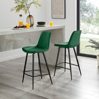 Furniturebox Uk 2X Bar Stool Chair - Pesaro Velvet Upholstered Dining Chair Metal Legs - Dining Kitchen Furniture Green/Black