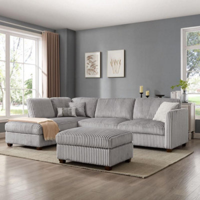 Home Detail Ben Left-Hand Facing Corner Sofa With FootstoolGrey Teddy Jumbo Cord from B&Q