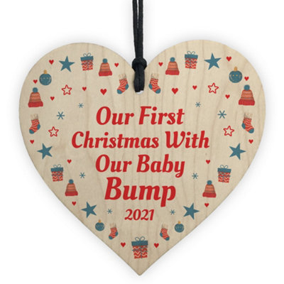 Red Ocean Our First Christmas With Bump Bauble Wood Heart New Baby Mum Dad Gift from B&Q