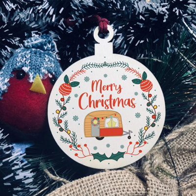 Red Ocean Novelty Caravan Bauble Design Hanging Wood Decoration from B&Q