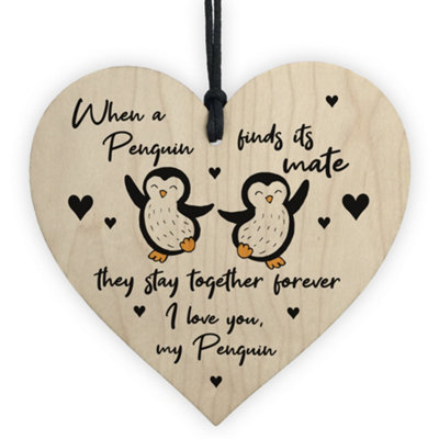 Red Ocean Penguin Gift For Husband Wife Girlfriend Boyfriend Wood Heart Valentines Gift Keepsake from B&Q