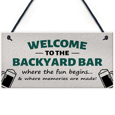 Red Ocean Welcome To The Backyard Bar Sign Hanging Wall Sign Bar Signs Funny Garden Plaque Gift For Men from B&Q