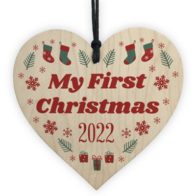 Red Ocean Baby Son Daughter's First Christmas 2022 Wooden Bauble Tree Decoration Gifts For Child from B&Q
