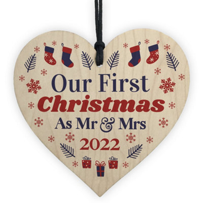 Red Ocean First Christmas Mr Mrs Bauble 2022 Wooden Heart Hanging Tree from B&Q