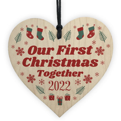 Red Ocean First Christmas Together Boyfriend And Girlfriend Hanging Wooden Heart Bauble Tree Decoration from B&Q