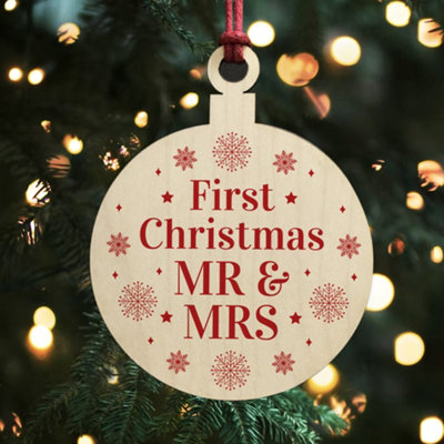 Red Ocean Mr Mrs First Christmas Bauble Wood Hanging Tree Decoration Bauble Gift For Husband Wife from B&Q