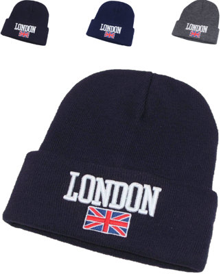 TheWhiteWater Limited Winter Thermal Beanie Hats, London Union Jack Hat, Warm & Stretchy Cap, Unisex, Men, Women Hat - Black