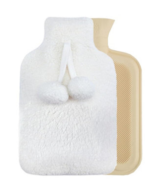 Soft And Luxurious Hot Water Bottle With Fleece Pompom CoverCream from B&Q