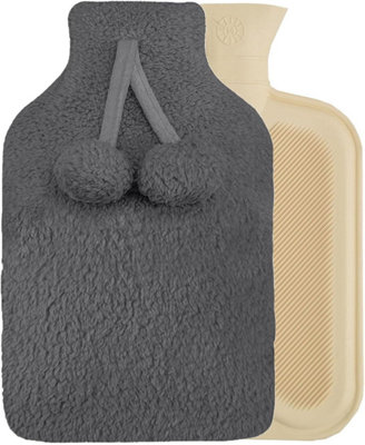 Soft And Luxurious Hot Water Bottle With Fleece Pompom CoverCharcoal from B&Q
