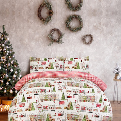 B&Q Smart Living Luxury Super Soft Reversible Christmas Town House Duvet Cover With Pillowcase Red/Dark