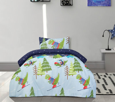 B&Q Smart Living Super Soft & Reversible Dino Skiing Printed Duvet Cover With Pillowcase Blue