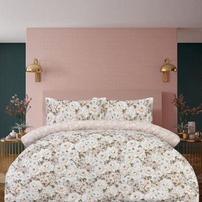 B&Q Smart Living Luxury Soft Reversible Elegant Blooms Duvet Cover & Pillowcases Green/Dark