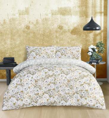 B&Q Smart Living Luxury Soft Reversible Elegant Blooms Duvet Cover & Pillowcases Green/Dark