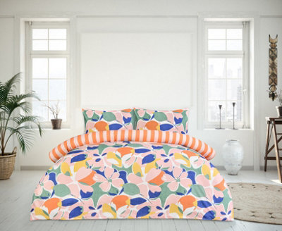 B&Q Smart Living Luxury Super Soft Reversible Abstract Floral Duvet Cover With Pillowcase Orange/Pink/Dark
