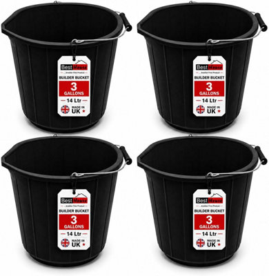 Best House Bh 4 Pcs Black Builders Bucket 14L/3 Gallon Heavy Duty Plastic Bucket With Metal Handle For Home GardeningCleaningConstruction from B&Q