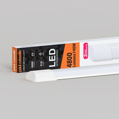 Paul Russells 4 Ft Led Batten Tube Lights40W 4800 LumensIp204000K Cool WhiteUltra SlimPack Of 1 from B&Q