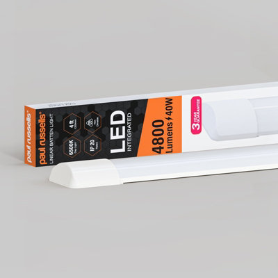 Paul Russells 4 Ft Led Batten Tube Lights40W 4800 LumensIp206500K Day LightUltra SlimPack Of 1 from B&Q