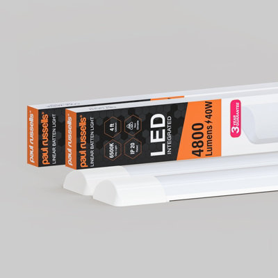 Paul Russells 4 Ft Led Batten Tube Lights40W 4800 LumensIp206500K Day LightUltra SlimPack Of 2 from B&Q