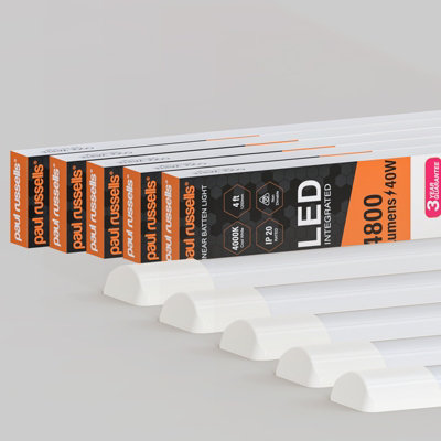 Paul Russells 4 Ft Led Batten Tube Lights40W 4800 LumensIp204000K Cool WhiteUltra SlimPack Of 5 from B&Q