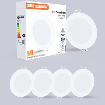 Paul Russells Led Round Panel Ceiling Lights, 12W 1150 Lumens, Spotlights, Ip20, 4000K Cool Pack Of 4 White