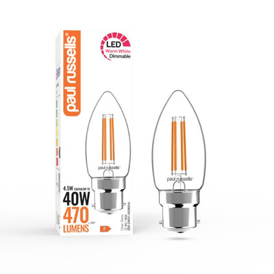 Paul Russells Led Filament Dimmable Candle BulbBc B224.5W 470 Lumens40W Equivalent2700K Warm White from B&Q