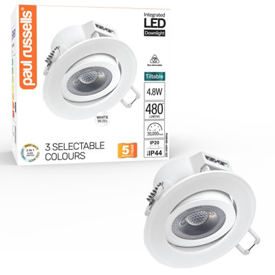 B&Q -  Led Downlight White Tilt Recessed Ceiling Spotlight  4.8W 480 LumensIp44Colour Changeable Cct3