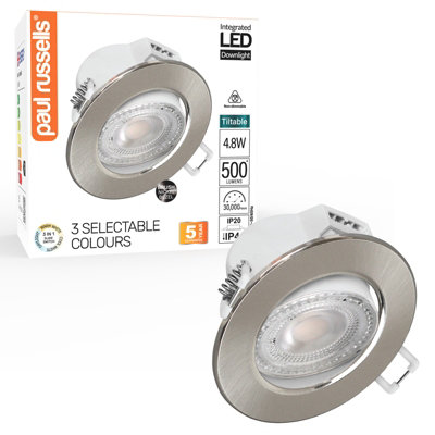 B&Q -  Led Downlight Brush Nickel Tilt Recessed Ceiling Spotlight 4.8W 500 LumensIp44Colour Changeable Cct3