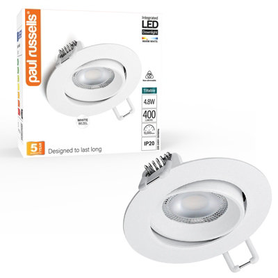 B&Q -  Led Downlight White Non-Dimmable Tiltable Recessed Ceiling Spotlight 4.8W 400 LumensIp20 Warm White 3000K