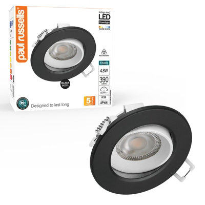 B&Q -  Led Downlight Black Non-Dimmable Tilt Recessed Ceiling Spotlight 4.8W 390 LumensIp44Warm White 3000K Pack Of 1