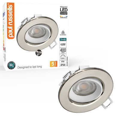 B&Q -  Led Downlight Brush Nickel Non-Dimmable Tiltable Recessed Spotlight 4.8W 400 Lumens Ip44 Warm White 3000K Pack Of 1