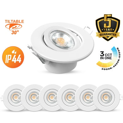 B&Q -  Led Downlight White Tilt Recessed Ceiling Spotlight  4.8W 480 LumensIp44Colour Changeable Cct3 Pack Of 6