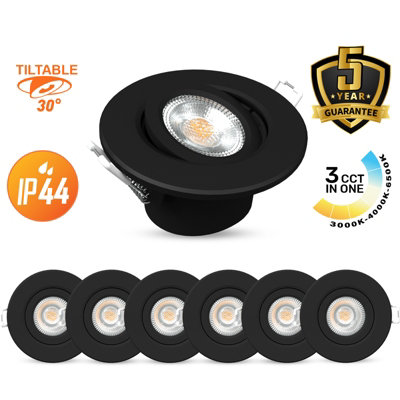 B&Q -  Led Downlight Black Tilt Recessed Ceiling Spotlight  4.8W 440 LumensIp44Colour Changeable Cct3 Pack Of 6