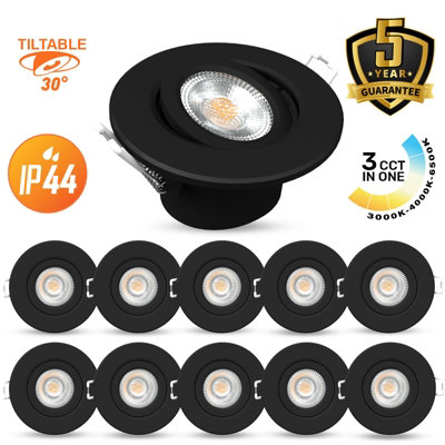 B&Q -  Led Downlight Black Tilt Recessed Ceiling Spotlight  4.8W 440 LumensIp44Colour Changeable Cct3 Pack Of 10