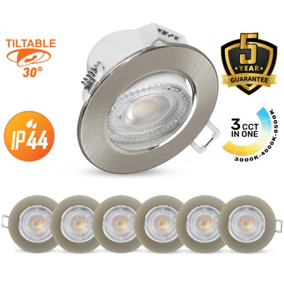 B&Q -  Led Downlight Brush Nickel Tilt Recessed Spotlight 4.8W 500 Lumens Ip44 Colour Changeable Cct3 Pack Of 6