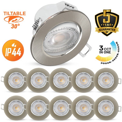 B&Q -  Led Downlight Brush Nickel Tilt Recessed Ceiling Spotlight 4.8W 500 LumensIp44Colour Changeable Cct3 Pack Of 10