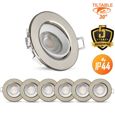 B&Q -  Led Downlight Brush Nickel Non-Dimmable Tiltable Recessed Spotlight 4.8W 400 Lumens Ip44 Warm White 3000K Pack Of 6