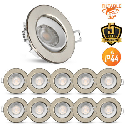 B&Q -  Led Downlight Brush Nickel Non-Dimmable Tiltable Recessed Spotlight 4.8W 400 Lumens Ip44 Warm White 3000K Pack Of 10