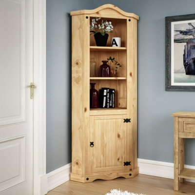 B&Q -  Vida Designs Corona Solid Pine 1 Door Corner Bookcase Freestanding Shelving Unit (H)1780mm (W)750mm (D)370mm