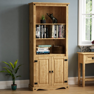 B&Q -  Vida Designs Corona Solid Pine 2 Door Bookcase Freestanding Shelving Unit (H)1700mm (W)750mm (D)350mm