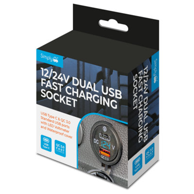 B&Q -  12/24V Dual Usb Fast Charge Socket Kit Qc3.0 Type C Ports Led Voltmeter