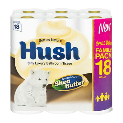 Hush Luxury Shea Butter 3 Ply Scented Core Bathroom Tissues, 18 Rolls, White - Image 9