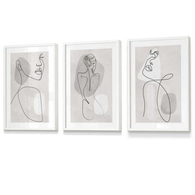 Artze Wall Art Set Of 3 Grey And Beige Female Line Art Wall Art Prints Wall Art Prints / 30X42Cm (A3) / White Frame from B&Q