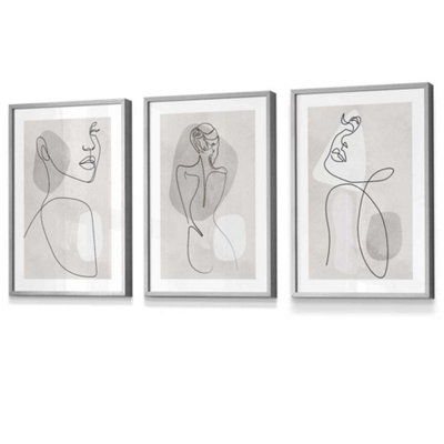 Artze Wall Art Set Of 3 Grey And Beige Female Line Art Wall Art Prints Wall Art Prints / 30X42Cm (A3) / Light Grey Frame from B&Q