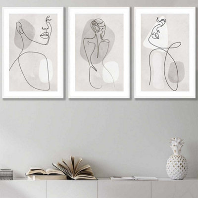 Artze Wall Art Set Of 3 Grey And Beige Female Line Art Wall Art Prints Wall Art Prints / 42X59Cm (A2) / White Frame from B&Q