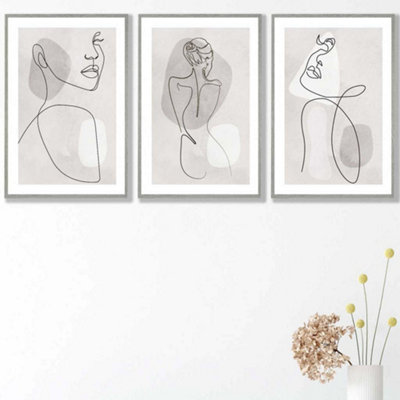 Artze Wall Art Set Of 3 Grey And Beige Female Line Art Wall Art Prints Wall Art Prints / 42X59Cm (A2) / Light Grey Frame from B&Q