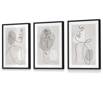 Artze Wall Art Set Of 3 Grey And Beige Female Line Art Wall Art Prints Wall Art Prints / 42X59Cm (A2) / Black Frame from B&Q