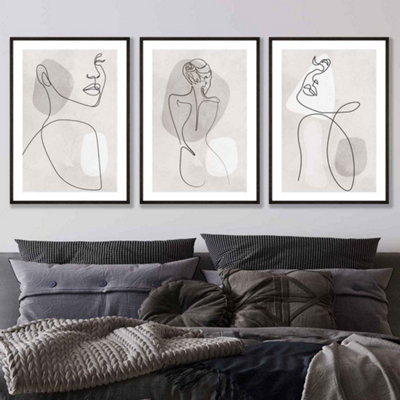 Artze Wall Art Set Of 3 Grey And Beige Female Line Art Wall Art Prints Wall Art Prints / 50X70Cm / Black Frame from B&Q