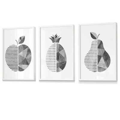 Artze Wall Art Grey Woodgrain Apple Pear Pineapple Wall Art Prints / 42X59Cm (A2) / White Frame from B&Q
