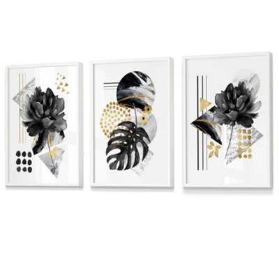 Artze Wall Art Abstract Black And Gold Botanical Wall Art Prints / 42X59Cm (A2) / White Frame from B&Q